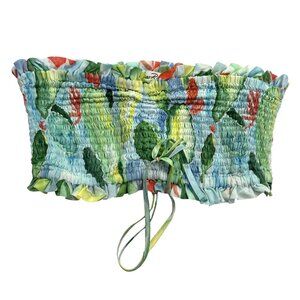 Charo Ruiz Strapless Shirred Printed Cotton Voile Top in Sky Blue